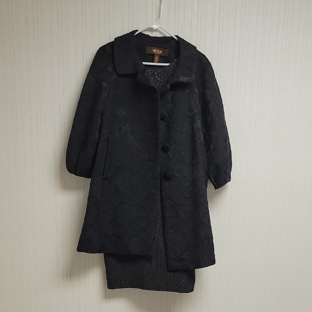 Victor Alfaro Black Sheath Dress, Matching 3/4 Sleeve Swing Coat Women's 4